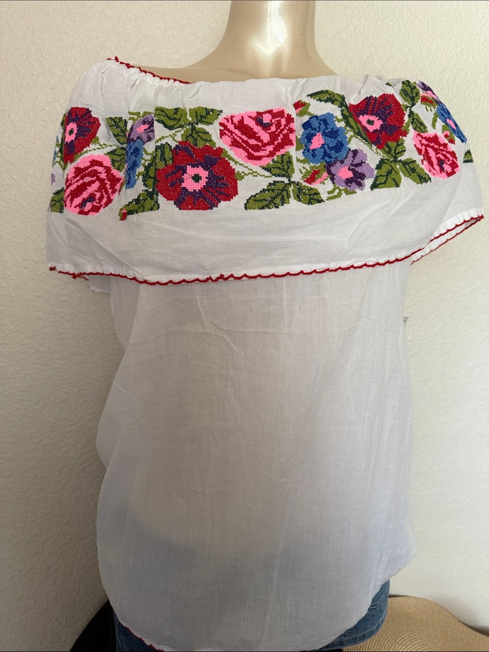 Embroidered Off-Shoulder White Peasant Top with Pink & Blue Floral Detail